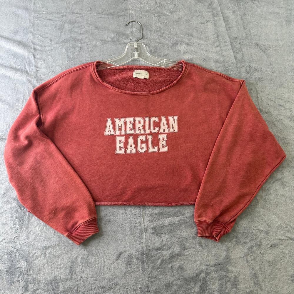 American Eagle Womens Cropped Sweatshirt Red Raw Hem Logo Pullover XS